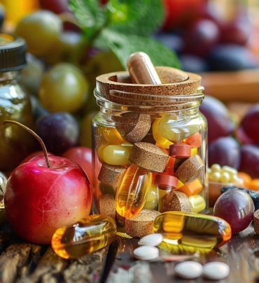 A glass jar filled with a variety of vitamins and supplements, surrounded by fresh fruits like grapes and a red apple, symbolizing a blend of natural wellness and nutrition. The vibrant scene, with soft lighting and vivid colors, highlights the balance between natural ingredients and health supplements. Miraculous Health offers the finest vitamins and supplements to fuel your health and wellness journey. Visit MiraculousHealth.org to learn more!