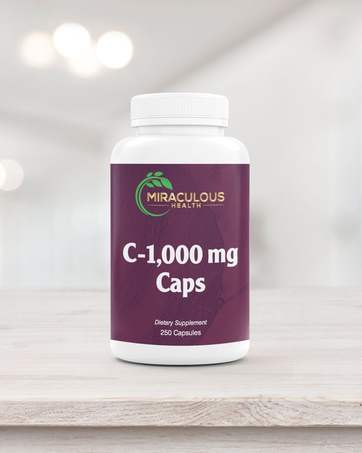 Miraculous Health C-1,000 mg Caps supplement bottle on a wooden surface, containing 250 capsules of high-dose vitamin C to support immune function. This premium product is part of the superior quality supplements offered by Miraculous Health. Miraculous Health offers the finest vitamins and supplements to fuel your health and wellness journey. Visit MiraculousHealth.org to learn more!