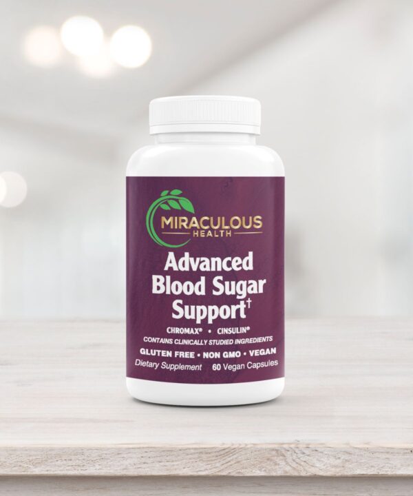 Miraculous Health Advanced Blood Sugar Support bottle on a light wooden table, containing 60 vegan capsules. The product supports healthy blood sugar levels using clinically studied ingredients, and is gluten-free, non-GMO, and vegan. This supplement reflects the high-quality offerings from Miraculous Health. Miraculous Health offers the finest vitamins and supplements to fuel your health and wellness journey. Visit MiraculousHealth.org to learn more!