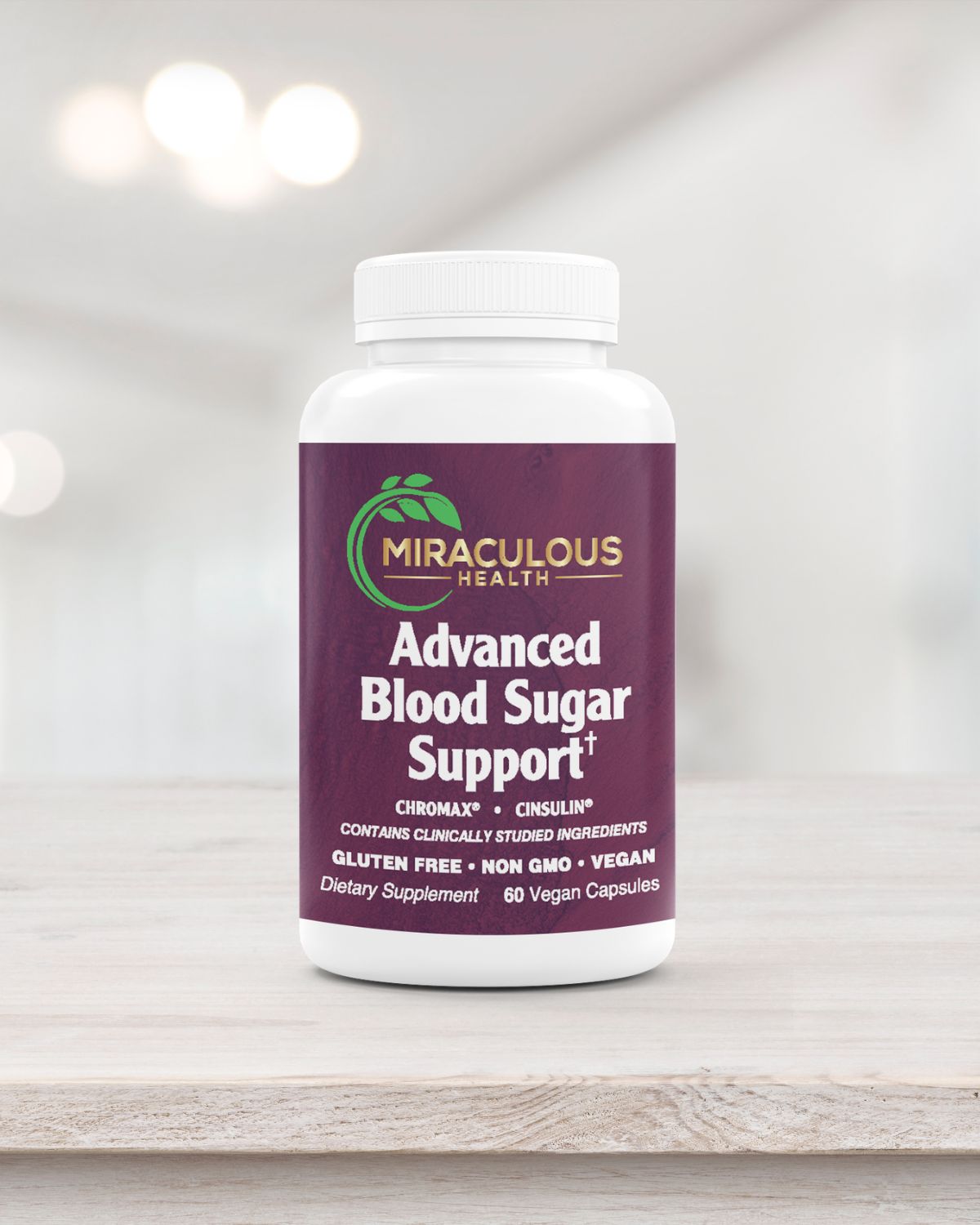 Miraculous Health Advanced Blood Sugar Support bottle on a light wooden table, containing 60 vegan capsules. The product supports healthy blood sugar levels using clinically studied ingredients, and is gluten-free, non-GMO, and vegan. This supplement reflects the high-quality offerings from Miraculous Health. Miraculous Health offers the finest vitamins and supplements to fuel your health and wellness journey. Visit MiraculousHealth.org to learn more!