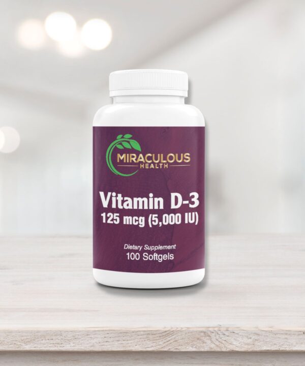 Miraculous Health Vitamin D-3 supplement bottle on a light wooden surface, featuring 100 softgels with a potency of 125 mcg (5,000 IU). This product supports bone health and immune function, reflecting the high-quality standards of Miraculous Health. Miraculous Health offers the finest vitamins and supplements to fuel your health and wellness journey. Visit MiraculousHealth.org to learn more!