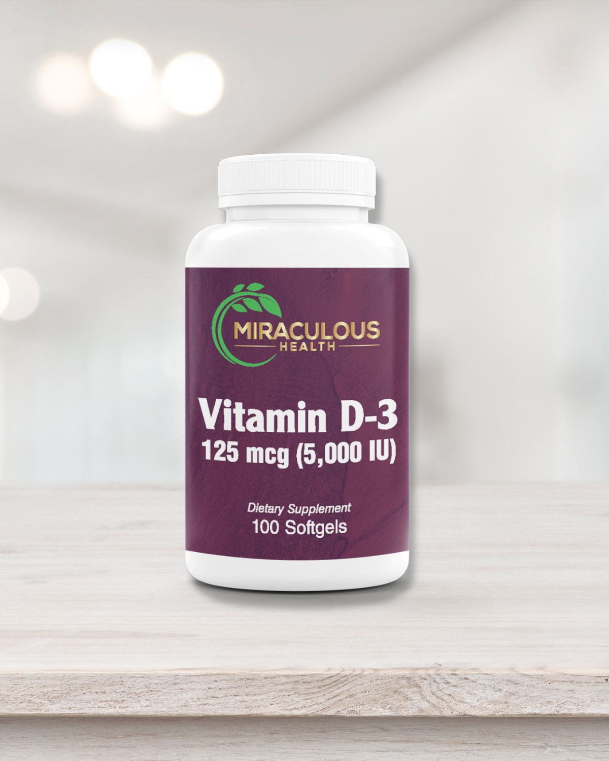 Miraculous Health Vitamin D-3 supplement bottle on a light wooden surface, featuring 100 softgels with a potency of 125 mcg (5,000 IU). This product supports bone health and immune function, reflecting the high-quality standards of Miraculous Health. Miraculous Health offers the finest vitamins and supplements to fuel your health and wellness journey. Visit MiraculousHealth.org to learn more!