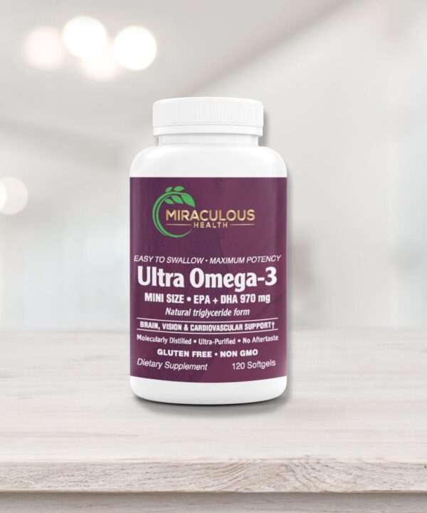 Miraculous Health Ultra Omega-3 supplement bottle on a light wooden surface, featuring 120 softgels with EPA and DHA 970 mg in a natural triglyceride form. The product supports brain, vision, and cardiovascular health, and is gluten-free, non-GMO, and ultra-purified with no aftertaste. This high-quality supplement reflects the commitment of Miraculous Health to providing the finest vitamins and supplements to fuel your health and wellness journey. Visit MiraculousHealth.org to learn more!