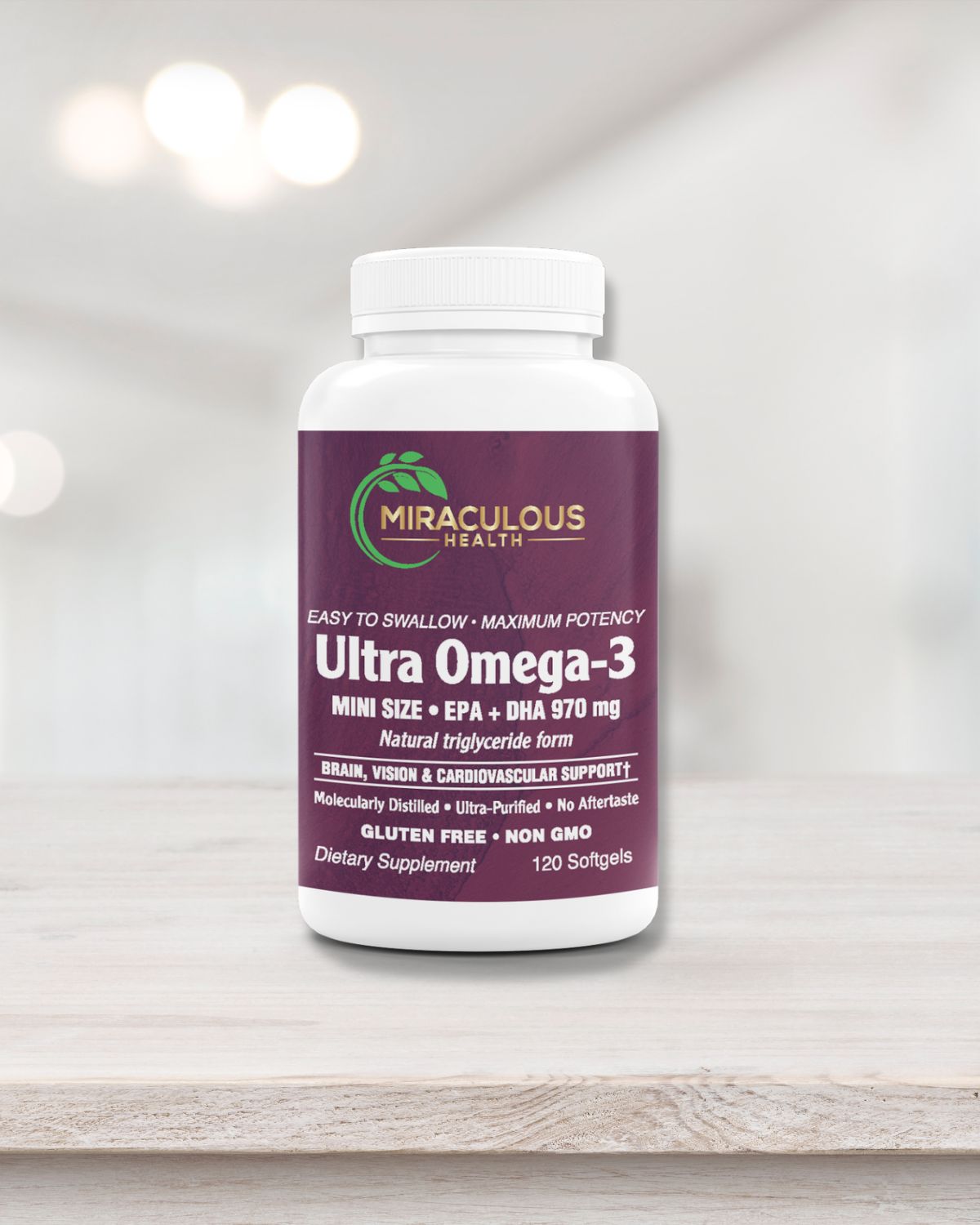 Miraculous Health Ultra Omega-3 supplement bottle on a light wooden surface, featuring 120 softgels with EPA and DHA 970 mg in a natural triglyceride form. The product supports brain, vision, and cardiovascular health, and is gluten-free, non-GMO, and ultra-purified with no aftertaste. This high-quality supplement reflects the commitment of Miraculous Health to providing the finest vitamins and supplements to fuel your health and wellness journey. Visit MiraculousHealth.org to learn more!