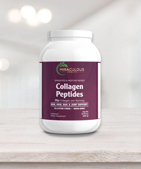 Miraculous Health Collagen Peptides container, featuring a white jar with a maroon label. The label highlights the product's benefits, including '20g collagen per serving' and 'skin, hair, nail, and joint support.' The product is gluten-free, non-GMO, grass-fed, and pasture-raised. This unflavored dietary supplement supports overall health and wellness, aligning with how Miraculous Health offers the finest vitamins and supplements to fuel your health and wellness journey. Visit MiraculousHealth.org to learn more!