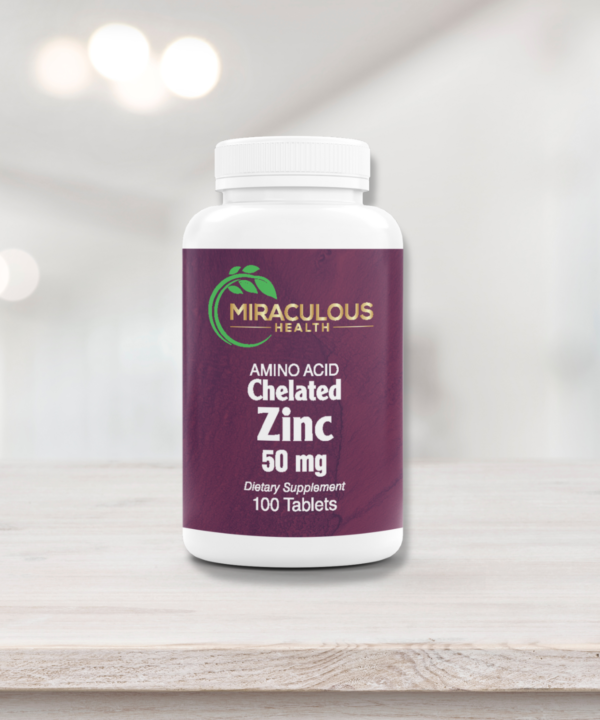 Miraculous Health Chelated Zinc supplement bottle, positioned on a wooden platform with a smooth backdrop. The label reads 'Amino Acid Chelated Zinc 50 mg' and contains 100 tablets, supporting immune and cellular health. This product is part of Miraculous Health's high-quality line of supplements. Miraculous Health offers the finest vitamins and supplements to fuel your health and wellness journey. Visit MiraculousHealth.org to learn more!