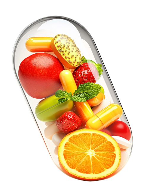 A large transparent capsule containing vibrant fruits and vitamins, including strawberries, orange slices, mint leaves, and various colored supplements, symbolizing natural and healthy ingredients. Miraculous Health offers the finest vitamins and supplements to fuel your health and wellness journey. Visit MiraculousHealth.org to learn more!