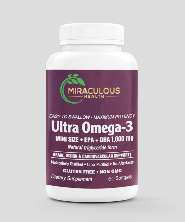 Miraculous Health Ultra Omega-3 supplement bottle with a purple label, featuring 'easy to swallow, maximum potency' and key benefits like brain, vision, and cardiovascular support. This high-quality dietary supplement offers EPA + DHA 1,000 mg in molecularly distilled, ultra-purified softgels. Gluten-free and non-GMO, fueling your health and wellness journey. Miraculous Health offers the finest vitamins and supplements to support your wellbeing. Visit MiraculousHealth.org to learn more!