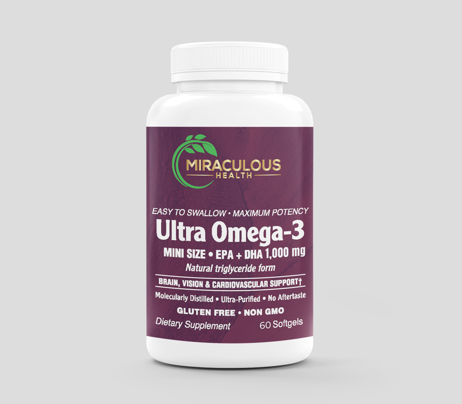 Miraculous Health Ultra Omega-3 supplement bottle with a purple label, featuring 'easy to swallow, maximum potency' and key benefits like brain, vision, and cardiovascular support. This high-quality dietary supplement offers EPA + DHA 1,000 mg in molecularly distilled, ultra-purified softgels. Gluten-free and non-GMO, fueling your health and wellness journey. Miraculous Health offers the finest vitamins and supplements to support your wellbeing. Visit MiraculousHealth.org to learn more!