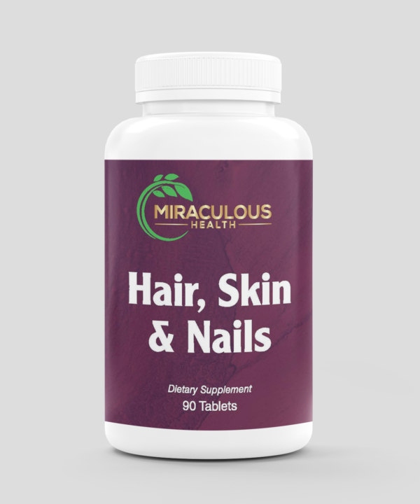 Miraculous Health Hair, Skin & Nails dietary supplement bottle with a sleek purple label and elegant white lettering, designed to support radiant hair, glowing skin, and stronger nails. Miraculous Health offers the finest vitamins and supplements to fuel your health and wellness journey. Visit MiraculousHealth.org to learn more!