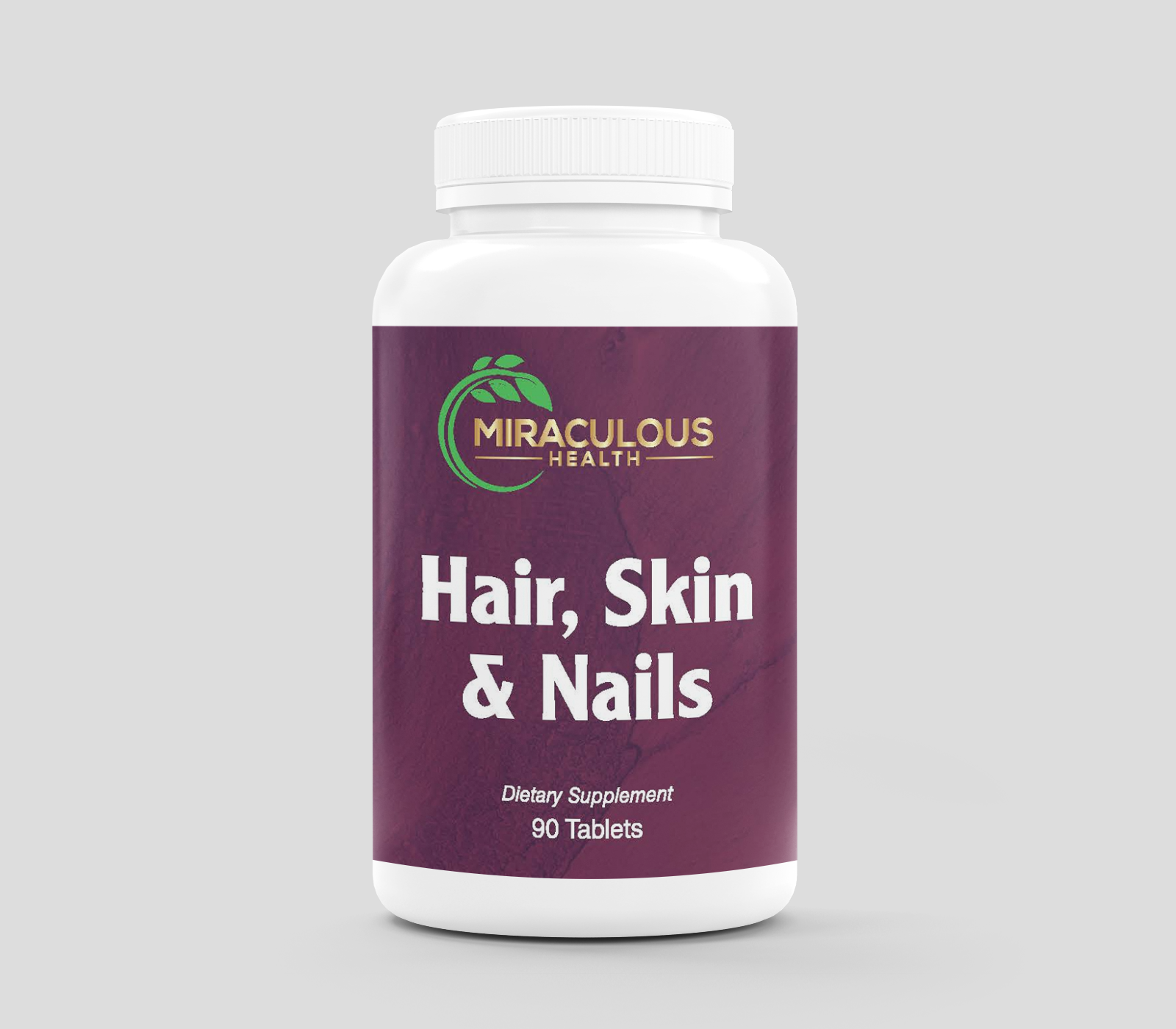 Miraculous Health Hair, Skin & Nails dietary supplement bottle with a sleek purple label and elegant white lettering, designed to support radiant hair, glowing skin, and stronger nails. Miraculous Health offers the finest vitamins and supplements to fuel your health and wellness journey. Visit MiraculousHealth.org to learn more!